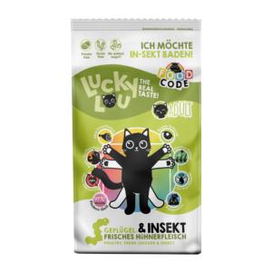 Lucky Lou Adult Geflügel & Insekten 340 g Trockenfutter‑Beutel mit Katzenzeichnung – grüne Verpackung, Premium‑Monoprotein Rezeptur.
