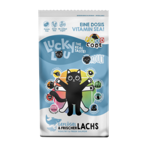 Lucky Lou Adult Katzenfutter 340g Dose mit Geflügel und Lachs – getreidefreies Nassfutter für erwachsene Katzen.