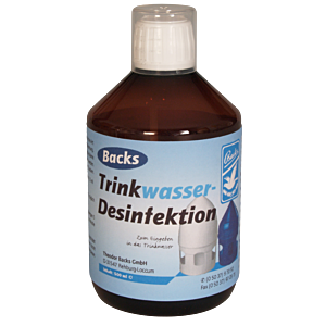 Trinkwasser-Desinfektion von Backs in der 500ml Glaschflasche mit Dosierdeckel, zum Einschütten in das Trinkwasser, 500 ml reichen für 500 Liter