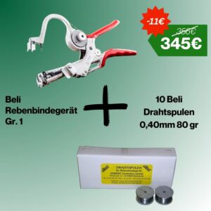 Sparpacket: Beli Rebenbindegerät Größe 1 mit 10 Beli Drathspulen 0,40mm 80 gr Verpackung für 345€ anstatt 356€.