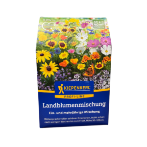 Saatgut‑Packung Landblumenmischung Kiepenkerl Profi‑Line 40 g mit bunten Wildblumenmotiven und Streuhilfe aus Holzfasern.