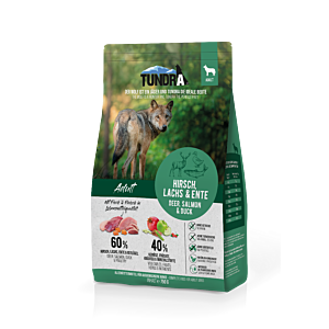 Kleiner Beutel Tundra Dog Trockenfutter Hirsch Ente Lachs 750 g – getreidefrei, naturbelassen, mit Fleisch & Fisch