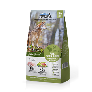 Beutel Tundra Dog Large Breed Pute Huhn Hering 11,34 kg – getreidefreies Trockenfutter mit viel Fleisch & Fisch für große Rassen.