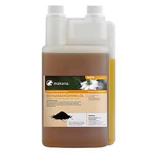 Schwarzkümmelöl von Makana im 1 Liter Kanister, Einzelfuttermittel für Pferde, gut für Haut und Haare
