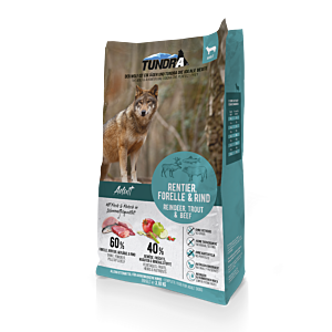Foto zeigt einen 3,18 kg Sack Tundra Dog Rentier, Forelle & Rind Trockenfutter mit hochwertiger, naturbelassener Verpackung.