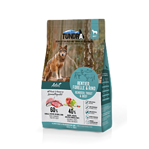  Foto zeigt einen 750 g Sack Tundra Dog Rentier, Forelle & Rind Trockenfutter mit hochwertiger, naturbelassener Verpackung.