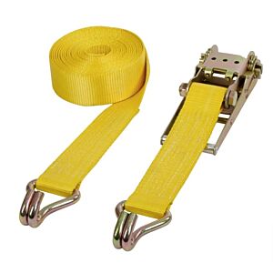 2 gelbe Schwerlastzurrgurte auf dem Foto: links aufgerollt, rechts lang, jwl. zweiteilig mit Spitzhaken und Ratschen-Spanner, 8 m lang, 75 mm breit – Zurrkraft 10 t, ideal zur professionellen Ladungssicherung.