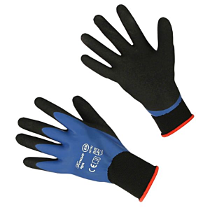 Wasserdichter Arbeitshandschuh Agua aus blau-schwarzem Nylon-Feinstrick mit rotem Bund
