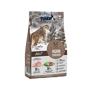 Verpackung des Tundra Cat Huhn 1,45 kg Trockenkatzenfutters mit naturbelassenem Design und Hühnermotiv.