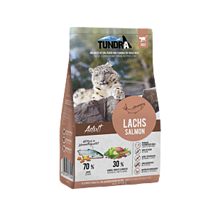 Verpackung des Tundra Cat Lachs 1,45 kg Trockenkatzenfutters mit Lachsdesign und naturinspiriertem Layout.