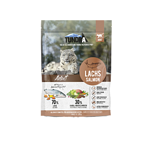 Verpackung des Tundra Cat Lachs 272 g Trockenkatzenfutters mit Lachsdesign und naturinspiriertem Layout.