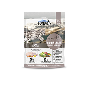 Verpackung des Tundra Cat Kitten Huhn & Lachs Trockenfutters 272 g mit Abbildung von Huhn, Lachs und Naturdesign.