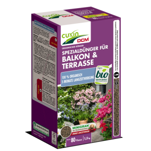 Spezialdünger von Cuxin DCM für Balkon und Terrasse, 100% organisch mit 5 monatiger Langzeitwirkung, 1,5 kg Verpackung für bis zu ca. 80 Pflanzen, versorgt Kübel- und Balkonpflanzen mit Nährstoffen