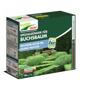 Spezialdünger für Buchsbäume von Cuxin DCM in der 3 kg Packung für ca. 60 Pflanzen, Buchsbaumdünger sorgt für frischgrüne Blätter und gesundes Wachstum