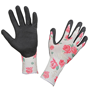 Garden Luminus Gartenhandschuhe mit weißer Handrückseite und Blumenprint und schwarzer Handinnenseite mit gummiertem Stoff für einen optimalen Grip