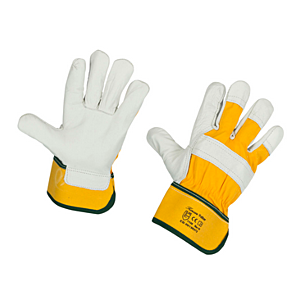 Arbeitshandschuh Yelltor aus robustem Rindsvollleder in gelb-weiß mit gummierter Stulpe